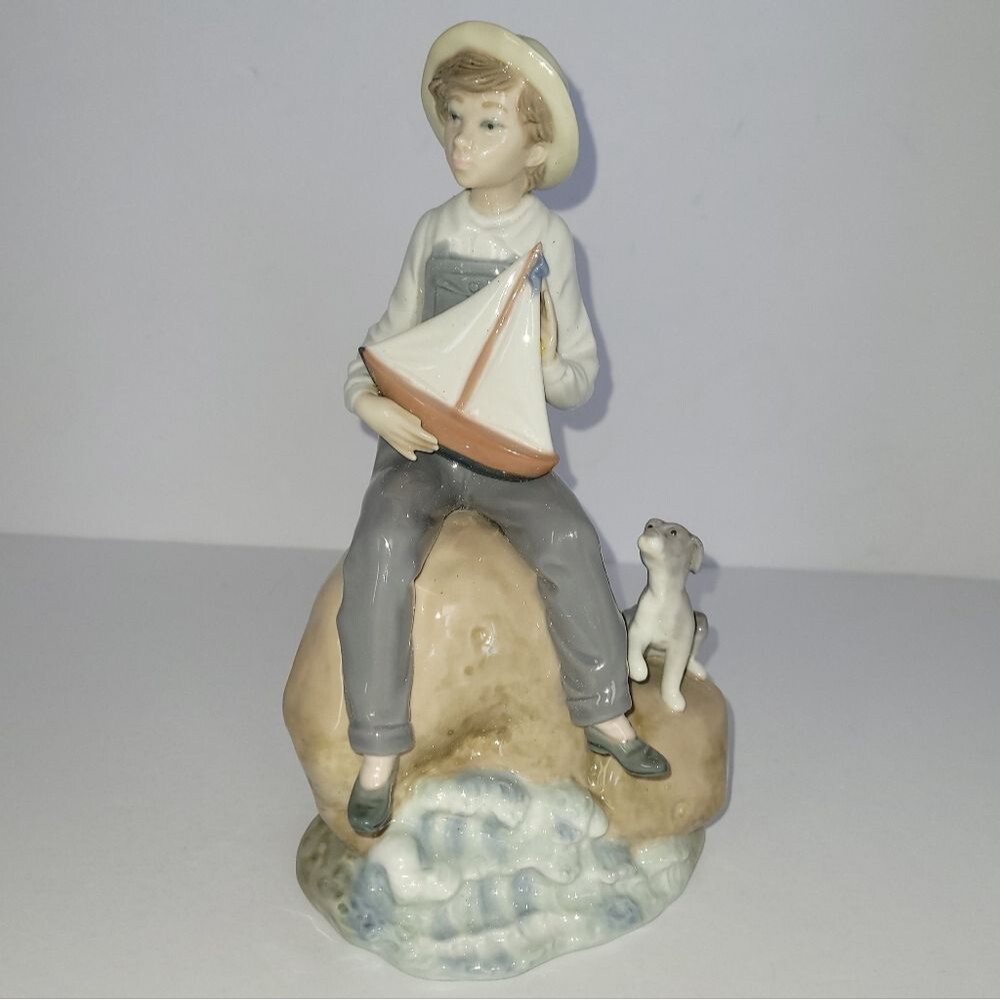 Vintage Lladro Boy Sitting on Rock with Sailboat & Puppy Doy #5166 Figurine